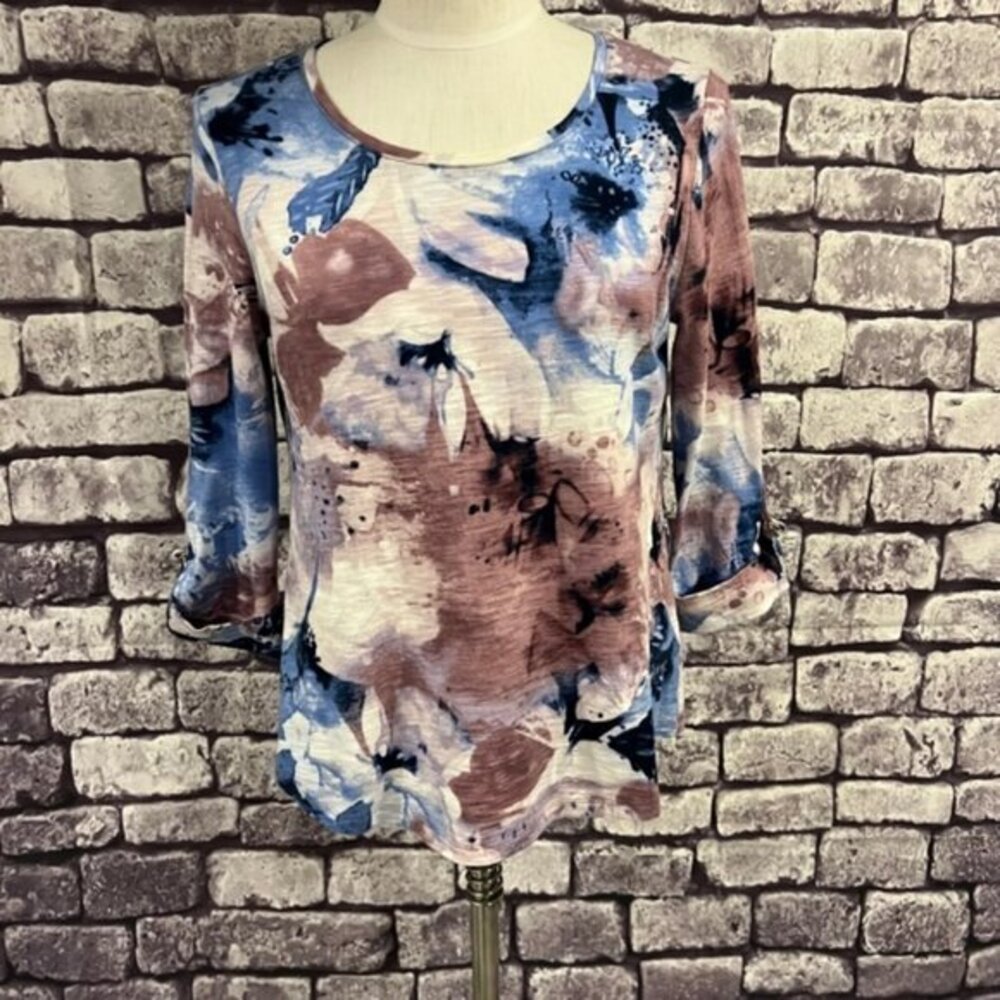 Chico's 3/4 Sleeve Multicolored Blouse w/ Cuffed Sleeves Size Small